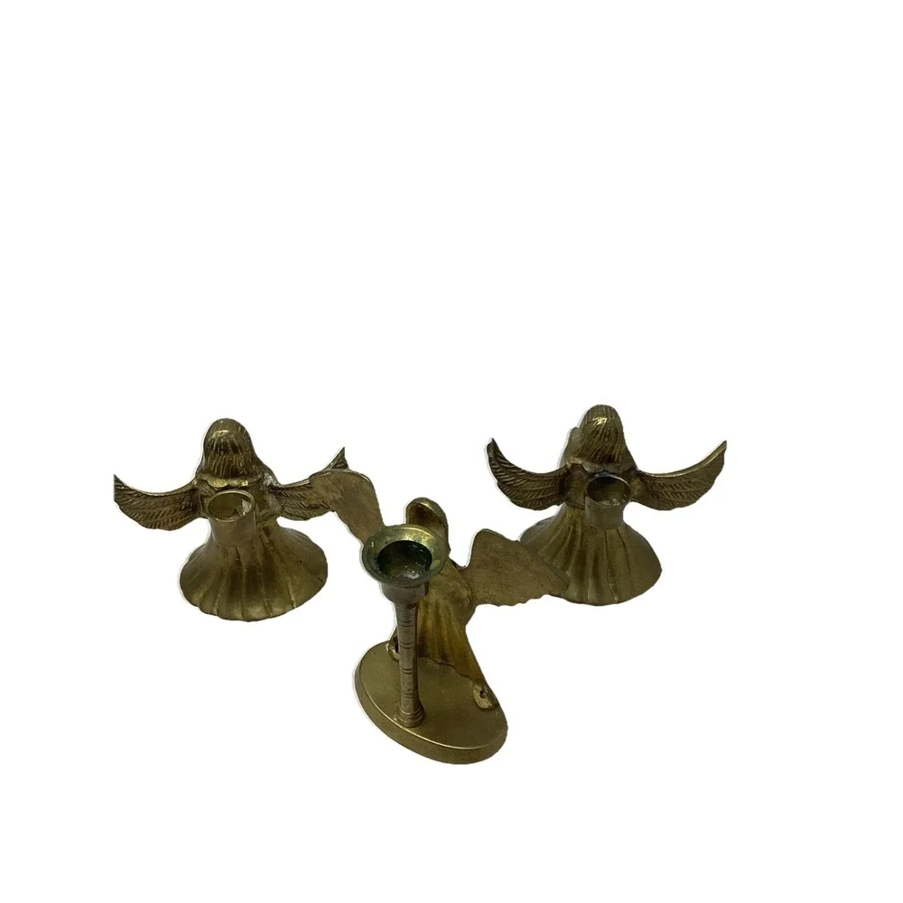 Vintage Set Of Three Angel Shaped Brass Candle Holders Holiday Decor MCM